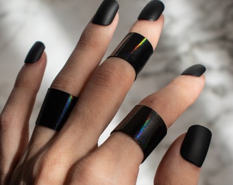 Finger Cuff Iridescent Black Stretch Vinyl | Faux Leather Cuff Ring