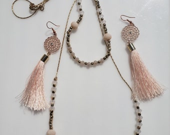 Layered Necklace 2 Piece Rose Gold and Pink Necklace and Tassel Rose Gold and Pink  Earrings (SKU #UVF2PP902)