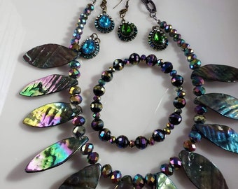 Statement Necklace multi-colored with two pair topez blue and green topez drop earrings and crystal Earrings Handmade (SKU #UV2P615)