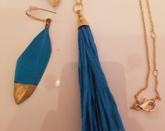 Aqua Green Tassel Pendant. Gold Cap Necklace. Aqua Green Earrings. Gold Tip Feather Earrings (SKU #UV2P516 )