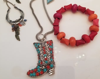 Turquoise, Red and Orange Necklace, Orange Red bracelet. Turquoise Red Arrow Earrings. Silver, red leaf dangling Earrings (SKU #UV4P505 )