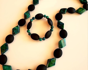 Men's Beaded Necklace. Forrest Green. Black beads. Forrest Green Bracelet. Black Bead Bracelet (SKU#UVFP2P113)