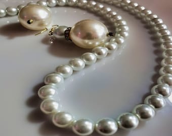 White Pearl Necklace; Large White Pearl Bead Earrings with Crystal Gold Spacer (# UV2P1002)