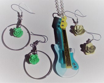 Green, turquoise and yellow Guitar Necklace and 2 pair of Earrings (SKU #)UVY3P102