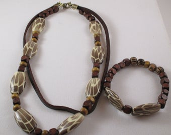 Men's Beaded Layered Beaded Necklace Brown, Cream and Beige and Matching Bracelet Handmade (SKU #UVM104)