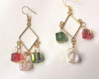 Multicolor Geometric Dangle Earrings | Gold Tone Diamond Shape Earrings | Colorful Statement Jewelry