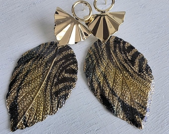 Gold Forrest Green fan leaf earrings