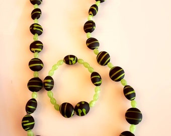 Men's Beaded Necklace. Black Necklace, Lime Green Necklace. Lime round beads Necklace, black and Lime round beads Bracelet (SKU #UV2M301)