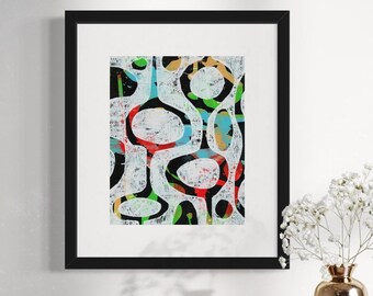 Original Mono Print, Acrylic on Paper; MCM Abstract Design; Mid Century Modern; Matted, Ready to Frame.