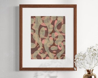 Original Mono Print, Acrylic on Paper; MCM Abstract Design; Pantone Mocha Mousse; Mid Century Modern; Matted, Ready to Frame.