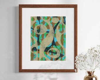 Original Mono Print, Acrylic on Paper; MCM Abstract Design; Subdued color palette; Mid Century Modern; Matted, Ready to Frame.