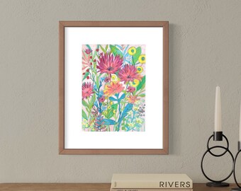 Original Mixed Media/Acrylic Painting on Paper; Bright and Cheerful Dahlias; Pinks Corals, & Blues; Matted, Ready to Frame