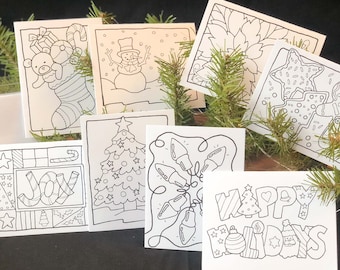 Holiday Cards to Color and Send, Merry Christmas; 8 Blank Cards and Envelopes/Kids Activity Kit/DIY/Craft/Coloring