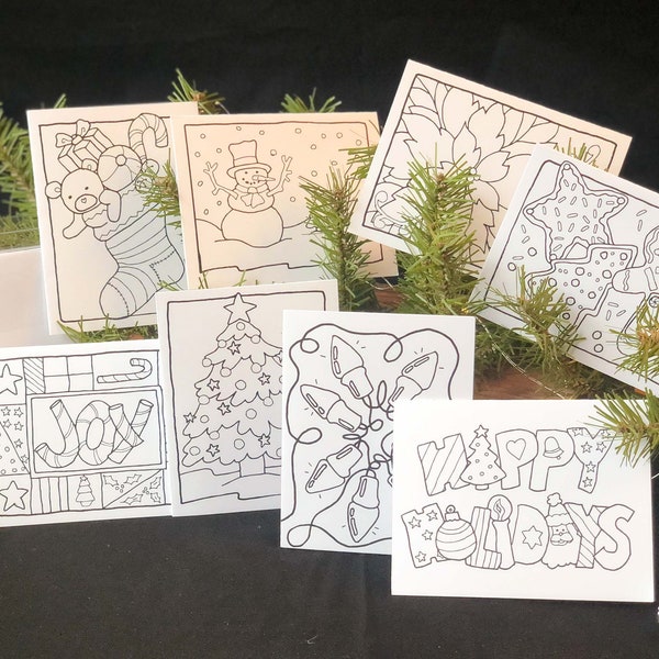 Holiday Cards to Color and Send, Merry Christmas; 8 Blank Cards and Envelopes/Kids Activity Kit/DIY/Craft/Coloring