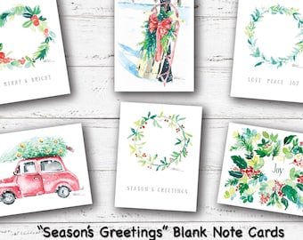 Watercolor "Season'sGreeting" Note Card Assortment Pack; 6 Cards, 6 Envelopes; Frameable; High Quality Print; Christmas; Winter;