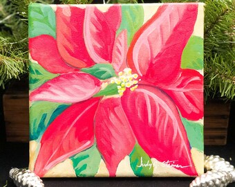 Poinsettia Flower Original Oil Painting; Ready to Hang; Christmas Decorating; Fine Wall Art