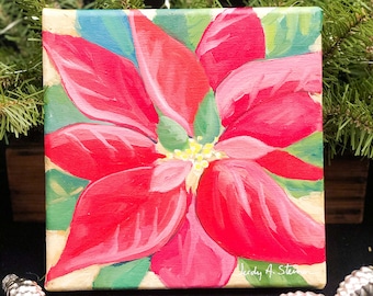 Poinsettia Flower Original Oil Painting; Ready to Hang; Christmas Decorating; Fine Wall Art