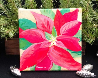 Poinsettia Flower Original Oil Painting; Ready to Hang; Christmas Decorating; Fine Wall Art