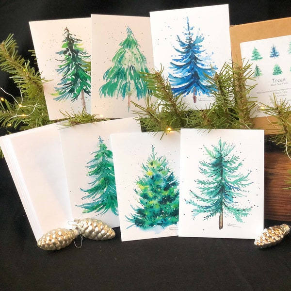 Watercolor "Evergreen Trees" Note Card Assortment Pack; 6 Cards, 6 Envelopes; Frameable; High Quality Print; Christmas; Winter