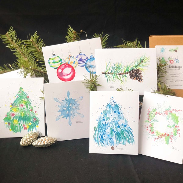 Watercolor Holiday Blank Note Card Assortment Pack; 6 Cards, 6 Envelopes; Frameable; High Quality Print; Christmas; Winter; Gift Box