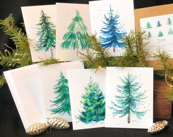Watercolor "Evergreen Trees" Note Card Assortment Pack; 6 Cards, 6 Envelopes; Frameable; High Quality Print; Christmas; Winter