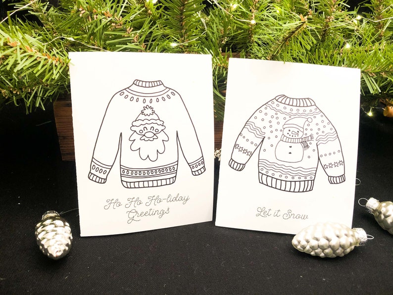 Christmas Sweater Cards to Color and Send,Holidays 8 Blank Cards and EnvelopesKids Art Activity KitDIYCraftAdult ColoringSeries I image 6