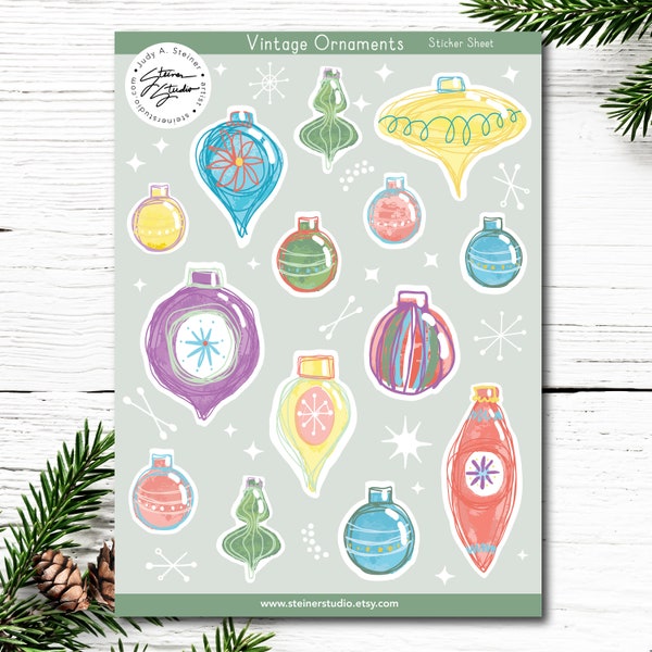 Mid-Century Modern Ornaments Vinyl Sticker Sheet; Great for Planners, Journaling, Water Bottles, Scrapbooking, & Holiday Decorating