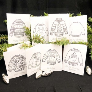 Christmas Sweater Cards to Color and Send,Holidays 8 Blank Cards and EnvelopesKids Art Activity KitDIYCraftAdult ColoringSeries I image 1