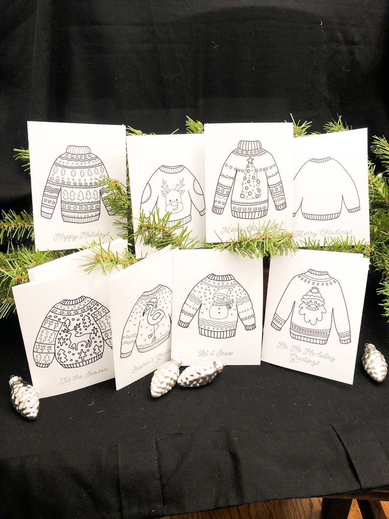 Christmas Sweater Cards to Color and Send,Holidays 8 Blank Cards and EnvelopesKids Art Activity KitDIYCraftAdult ColoringSeries I image 1