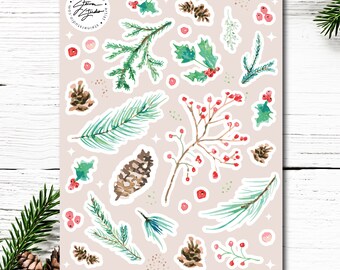 Evergreen and Berries Vinyl Sticker Sheet; Great for Planners, Journaling, Water Bottles, Scrapbooking, & Holiday Decorating