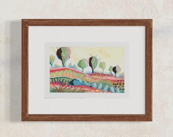 Original Mixed Media Painting on Paper; Impressionistic Landscape; Greens, Mocha, & Blues; Matted, Ready to Frame