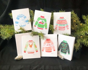 Watercolor Christmas Sweater Blank Note Card Assortment Pack; (Series I) 6 Cards&Envelopes;Quality Print; Winter;Festive Greeting Invitation