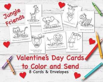 Valentine's Day Cards to Color and Send; 8 Cards and Envelopes/Kids Activity Kit/DIY /Craft/Art Project/coloring; Home School; Jungle Theme