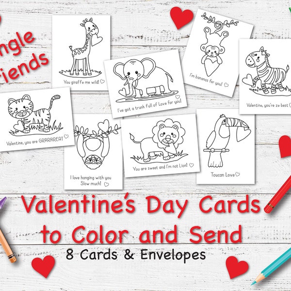 Valentine's Day Cards to Color and Send; 8 Cards and Envelopes/Kids Activity Kit/DIY /Craft/Art Project/coloring; Home School; Jungle Theme