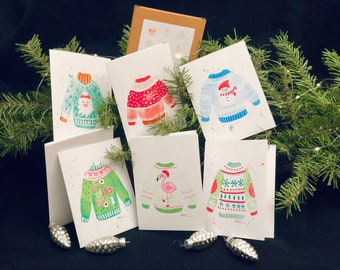 Watercolor Christmas Sweater Blank Note Card Assortment Pack;(Series II) 6 Cards&Envelopes;Quality Print; Winter;Festive Greeting Invitation