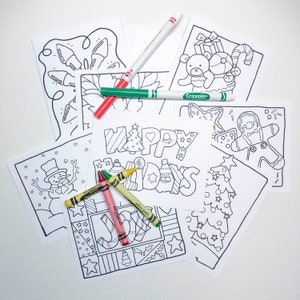 Cartes à colorier imprimables pour les fêtes / Téléchargement numérique instantané / Fichier PDF / Arbre / Chaussette de Noël / Poinsettia / Bonhomme de neige / Cookies / Lumières / Joie