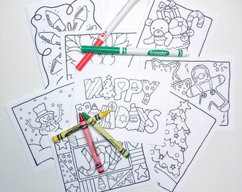 Holiday Printable Coloring Cards / Instant Digital Download / PDF File / Tree / Stocking / Poinsettia / Snowman / Cookies / Lights / Joy