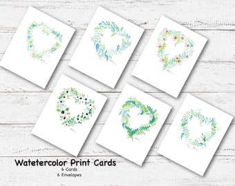 Heart Wreath Note Card Assortment Pack; 6 Cards, 6 Envelopes; High Quality Print; Watercolor; Anenome; Ivy;Floral; Invitations;Thank yous