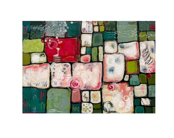 Original Mixed Media Painting on Paper; Mid-Century ModernStyle; Reds, Whites, & Greens, Ready to Frame
