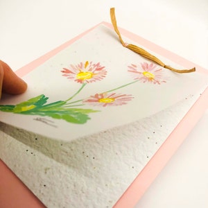 Tarjeta de felicitación personalizada; brotes de papel; margarita inglesa rosa; acuarela; cumpleaños/día de la madre/que te mejores/agradecimiento/amor; regalo; tarjeta con semillas plantables