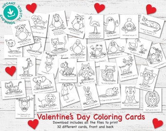 Instant Digital Download / 32 Different Printable Card / DIY Card / PDF File /Valentine&#39;s Day / School Art Project / Coloring /Craft /Animal