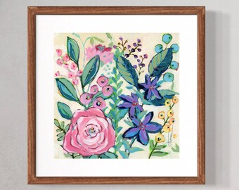 Original Mixed Media/Acrylic Painting on Paper; Bright and Cheerful floral; Pink ,Purple, & Blue; Matted, Ready to Frame