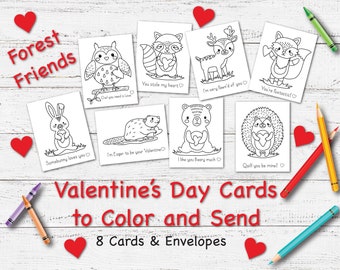 Valentine's Day Cards to Color and Send; 8 Cards and Envelopes/Kids Activity Kit/DIY /Craft/Art Project/coloring; Home School;Forest Animals