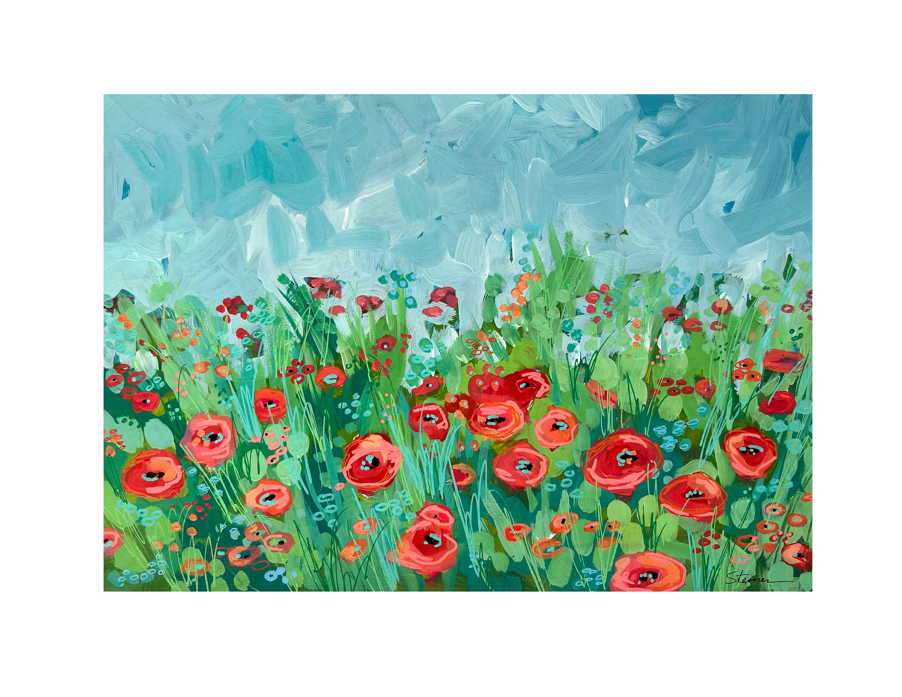 Poppy Field; Original Mixed Media Painting on Paper; Floral Modern Style; Reds, Pinks,Blues, & Greens, Ready to Frame