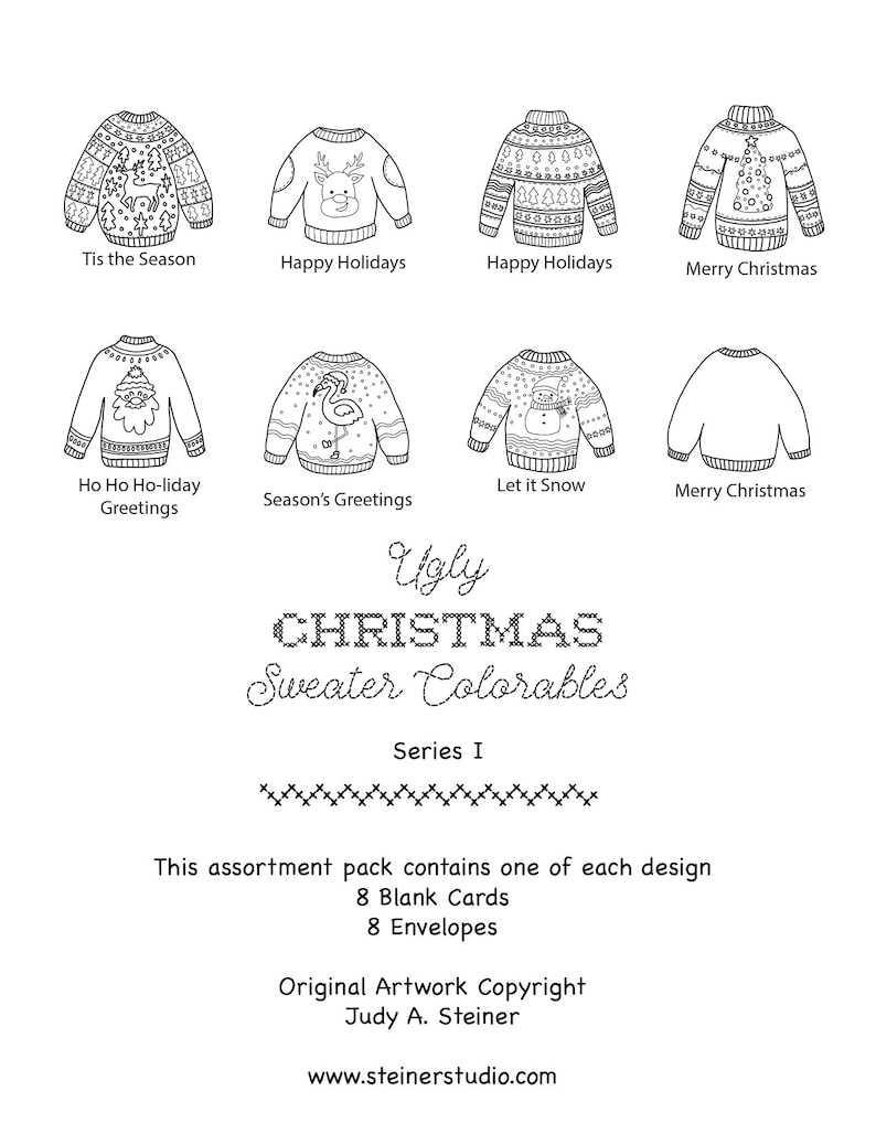 Christmas Sweater Cards to Color and Send,Holidays 8 Blank Cards and EnvelopesKids Art Activity KitDIYCraftAdult ColoringSeries I image 2