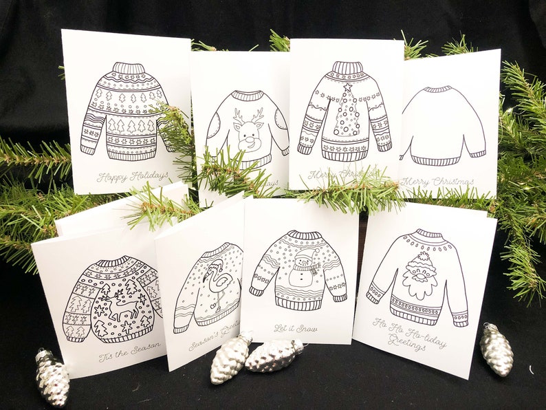 Christmas Sweater Cards to Color and Send,Holidays 8 Blank Cards and EnvelopesKids Art Activity KitDIYCraftAdult ColoringSeries I image 9