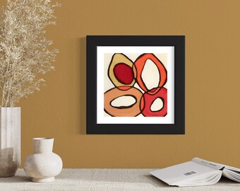 Original Mixed Media/Acrylic Painting on Paper; MCM Abstract; Red, orange, & brown; Dark Gray Wood Frame