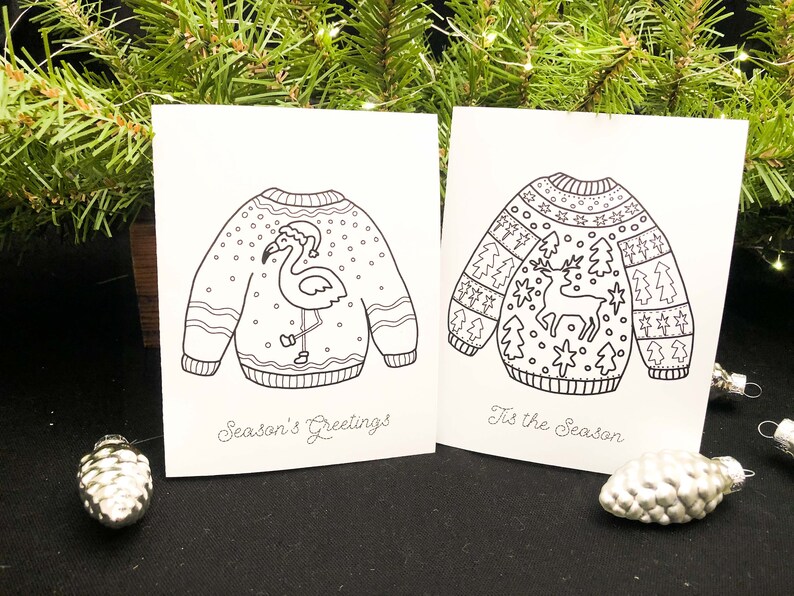 Christmas Sweater Cards to Color and Send,Holidays 8 Blank Cards and EnvelopesKids Art Activity KitDIYCraftAdult ColoringSeries I image 5