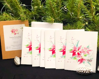 Beautiful Festive Poinsettia Blank Note Card Gift Pack; 6 Cards, 6 Envelopes; High Quality Print; Winter; Greeting Card