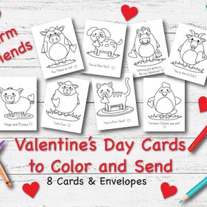 Valentine&#39;s Day Cards to Color and Send; 8 Cards and Envelopes/Kids Activity Kit/DIY /Craft/Art Project/color; Home School; Farm Theme